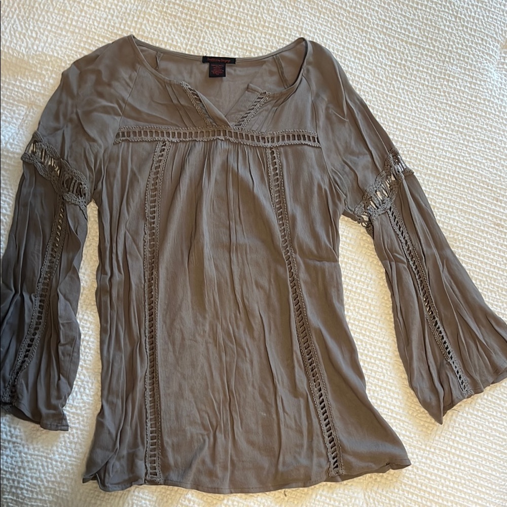 Imaginary Voyage Smocked Bell Sleeve Gray Blouse